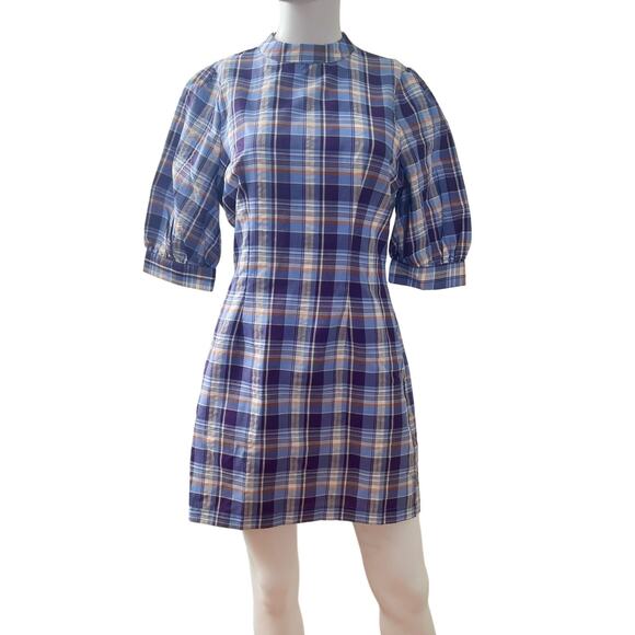 LULUS Wendie Purple Blue Multi Plaid Puff Sleeve Mini Dress S - Picture 1 of 7
